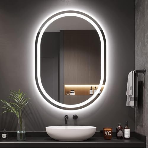 Dripex Miroir Salle de Bain avec Éclairage 50x70cm, Miroir Mural Ovale LED d'Anti-Buée, Dimmable à 3 Couleurs de Lumière, Miroir de Maquillage Réglable avec Éclairage (Dimmable + 3 Couleurs)
