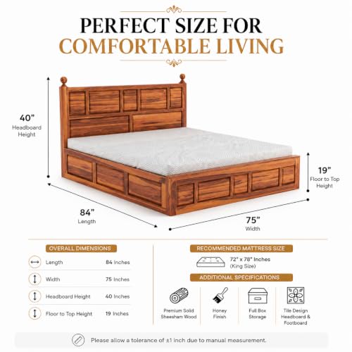 Image of SHISSO Solid Sheesham Wood King Size Bed with Storage Box | Wooden King Size Double Bed Cot Palang with Storage | Furniture for Bedroom,Home,Hotel | Lattu Design | Honey Finish