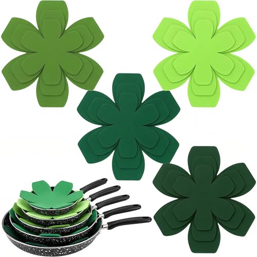 12 PCS Pot and Pan Protectors, 4 Colors(Green tones) & 3 Sizes Thicker Felt Pan Protector Pads, Pot Separators for Stacking, Anti-Slip Dividers to Protect Glass Ceramic Plates Cookware from Scratching