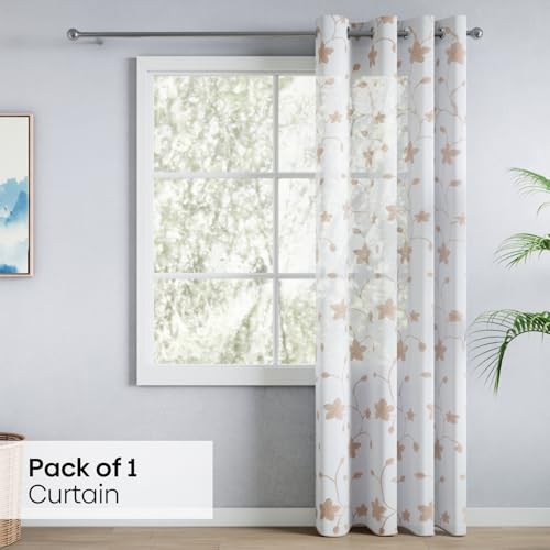 Image of haus & kinder Curtains 7 feet Long | Embroidery Sheer Curtains 7 Feet Long Pack of 1 | Door Curtains 7 feet Light-Filtering & Breathable Sheer Curtains (Shadow Bloom Beige, 114x213cm)
