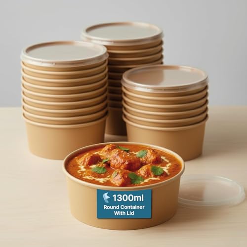 Image of Disposable Round Paper Containers with Lids | Takeout Containers for Hot /Cold Foods, Soup, Salad, Dessert, Pasta, Noodles | Microwavable, Leak-Proof Food Storage Containers- 1300ml, 15 Pack