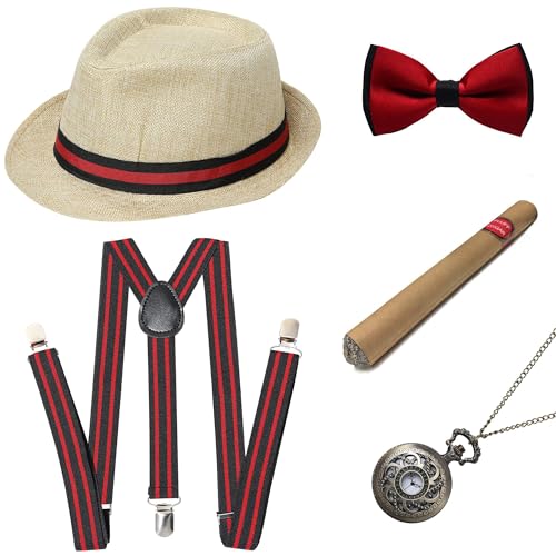 Image of BABEYOND 1920s Mens Gatsby Gangster Accessories Set Panama Hat Suspender Bow Tie
