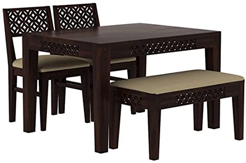 Image of Sheesham Wood 4 Seater Dining Table with 2 Cushion Chairs and 1 Bench for Living Room Home Office Dining Room Wooden Furniture Dinner Table Set (Walnut Finish) |
