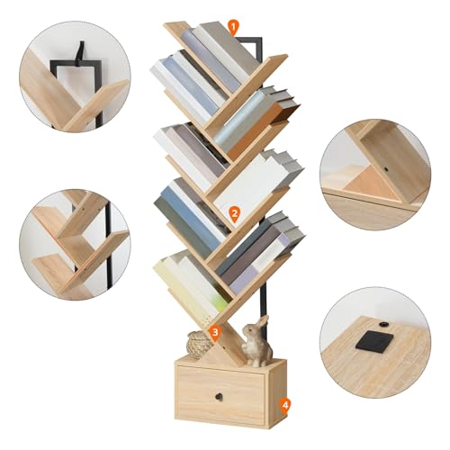 HOOBRO Bücherregal mit Schublade, Standregal mit 9 Ebenen, Baumförmiges Bücherregal, DVD Regal, Bücherturm Freistehend, für Wohnzimmer… – Ansicht 9