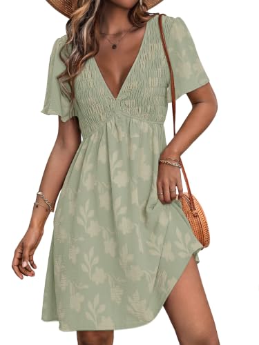 Image of Simplee Womens Summer Casual V Neck Dress Sexy Short Sleeve Mini Sundress Boho Western Empire Waist Pocket Dresses 2026