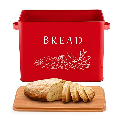 Lianyu Red Bread Box With Bamboo Lid For Kitchen Countertop, Large Farmhouse Metal Bread Storage Container Organizer, Vintage Bread Bin Keeper For Counter 13X7X9.8 Inch #TOP7