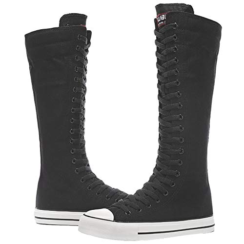 Anufer Women Fashion Canvas Dance Boots Knee High Bicycling Boots Girls Fancy School Shoes Black 905 Us8.5 #TOP6