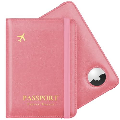 Stouchi AirTag Passport Holder Cute Passport Holder with Airtag Slot RFID Passport Wallet Cover for Women Family Leather Passport Protector Case Anti-Lost Travel Essentials Pink