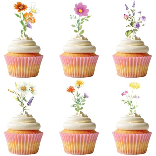48PCS Wildflower Cupcake Toppers Birthday Party Baby Shower Baby In Bloom Decoration Cake Decor Flower Cake Toppers for Women Bridal Shower Wedding Party Decorations (48pcs Style4)
