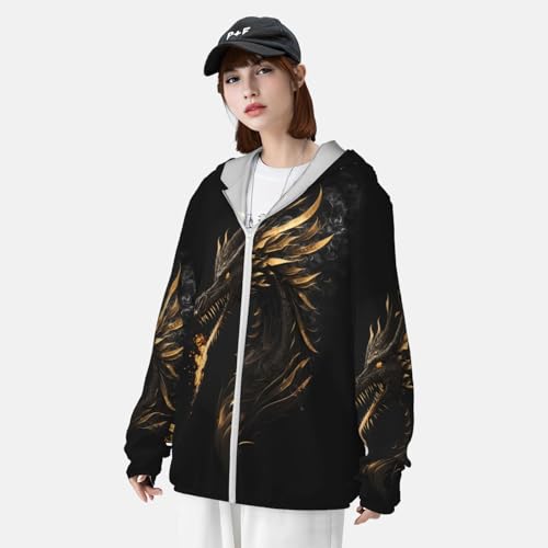 VOSERY Black and Gold Fire Dragon Sun Protection Zip Up Hoodie Jacket Lightweight Long Sleeve Sun Shirt for Women Men4