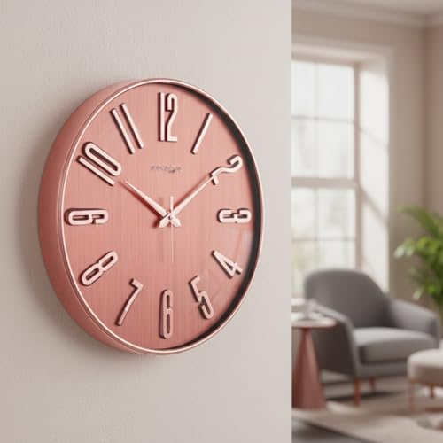 Image of RANDOM Sweep Silent Wall Clock, Non-Ticking Quartz Movement with 3D Foiling Numbers. (Rose Gold)
