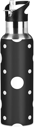 Botella de agua de acero inoxidable con lunares blancos, color negro, 32 onzas, sin BPA, botella de agua deportiva aislada a prueba de fugas