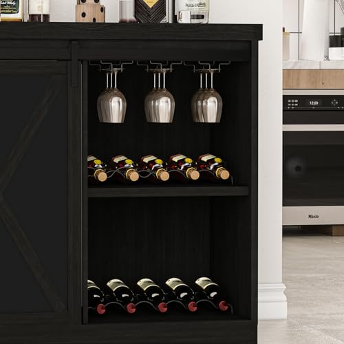 Image of Coffee Bar Cabinet with Mini Fridge Space, 49.2'' Farmhouse Kitchen Buffet Hutch with Power Outlet, Fridge Cabinet with Sliding Barn Door, Wine Rack, Glass Holder for Kitchen Dining Room, Black