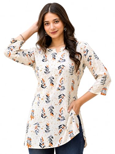 Image of Women's Floral Leaf Print Tunic Top, Beige, Rayon Blend, 3 /4 Sleeve, Notch Neck, Regular Fit, Casual Wear