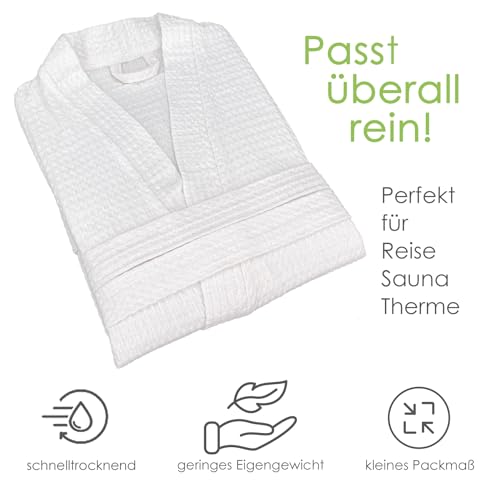 heimtexland ® Bademantel Waffelpique Reisebademantel Saunamantel 100% Baumwolle Oekotex leicht schnelltrocknend hautfreundlich für Damen und Herren Typ881 Weiß L