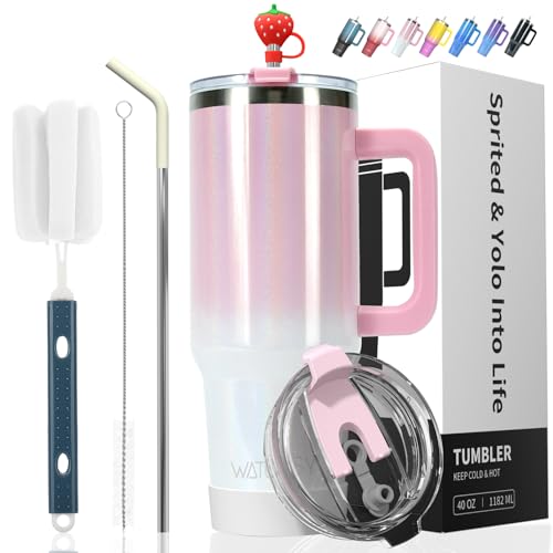 WATERSY Doppelwandiger 40oz Kaffeebecher to Go Thermobecher Edelstahl Vakuum Auslaufsicher Trinkbecher mit Griff und Strohhalm Rosa Weiß Glänzend 1