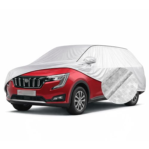 Image of SEAZEN Waterproof Car Cover for Mahindra XUV 700 | Dustproof, UV & Scratch Resistant Soft Cotton Lining | Triple Stitched, Mirror Pockets & Elastic Hem | Metallic Silver with Black Piping