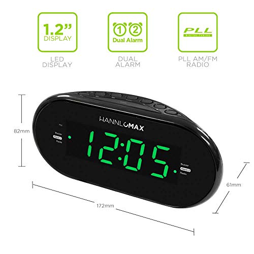 HANNLOMAX HX-123CR Alarm Clock Radio, PLL AM/FM Radio, Green LED 1.2 Inches Display, Dual Alarms, Dimmer - Thumbnail 2