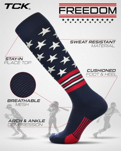 Image of TCK Baseball Socks & Softball Socks | USA Made American Flag & Patriotic Stars, Stripes | Youth Boys, Girls, Men & Women