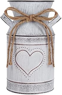 Belle Vous Rustic Metal Flower Vase - 10.3 x 19cm / 4.05 x 7.48 Inches - White Heart Vintage Shabby Chic Farmhouse Milk Bucket - Primitive Decorative Pitcher Jug for Home/Wedding Decor & Garden Plants