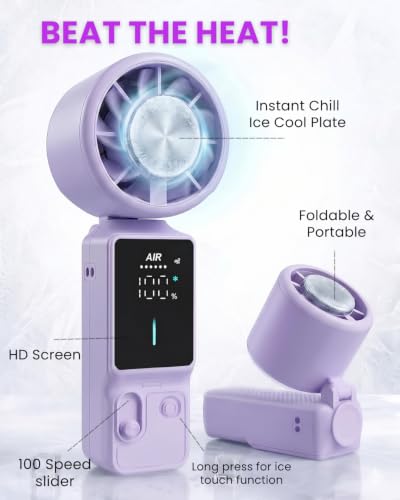 Image of SEVENAIRE SS39 Portable Hand Fan Rechargeable - with Ice Touch Cooling | Upto 12 Hr battery| 16000 RPM | 100-Speed, Digital display | Foldable | 3-in-1 Turbo Fan for summer for Indoor /Outdoor (Purple)