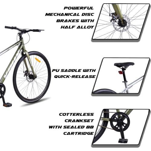 Image of Vaux City-Pro Hybrid Cycle for Men, 19 Inch HI-Ten Steel Frame, Dual Disc Brake, 700x35C Tyres, Double-Wall Alloy Rims, City Bike(Silver-Green, Single Speed, Rigid Fork)