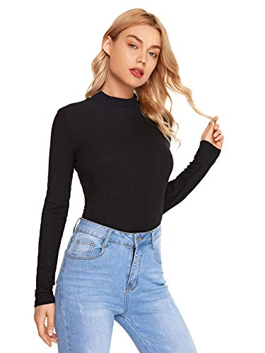 SheIn Women's Mock Neck Turtleneck Shirt Long Sleeve Ribbed Knit Slim Fit Tee Tops Black Medium