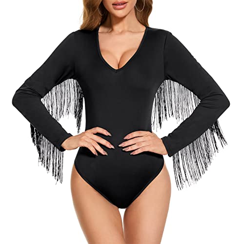 Durio Body Damen Elegant Langarm Bodysuit Tops Sexy Bodies Oberteil Overall Quastenbesatz V Ausschnitt #2 Schwarz M