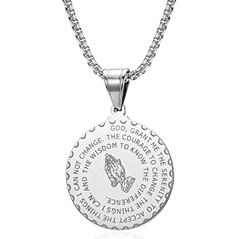 Yaumatea Serenity Prayer Necklace with Praying Hands Coin Pendant for Men Women Lords Prayer Bible Verse Courage Wisdom Stainless Steel (Silver) Cover