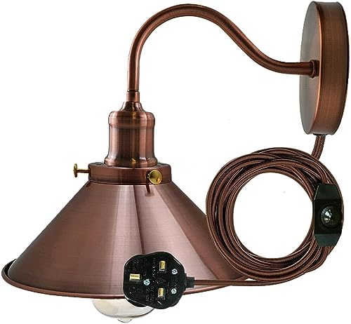 LEDSone Aplique de pared industrial de cobre con luces de pared enchufables para dormitorio, lámpara de pared enchufable con interruptor de atenuación y cable, accesorios de iluminación de pared