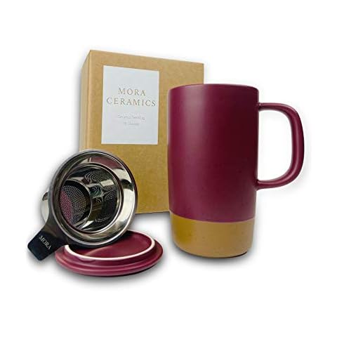 Mora Ceramics Large Tea Mug with Loose Leaf Infuser and Ceramic Lid, 18 oz, Portable, Microwave and Dishwasher Safe, Tall Coffee Cup - Rustic Matte Ceramic Glaze, Modern Herbal Tea Strainer, Merlot Cover