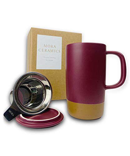 Mora Ceramics Large Tea Mug with Loose Leaf Infuser and Ceramic Lid 18 oz Portable Microwave and Dishwasher Safe Tall Coffee Cup - Rustic Matte Ceramic Glaze Modern Herbal Tea Strainer Merlot