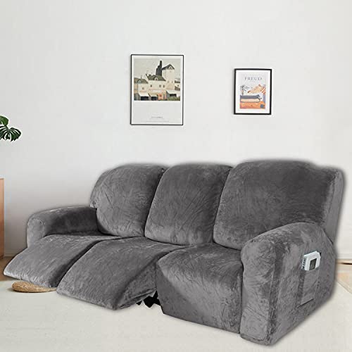 Funda de sillón extensible de terciopelo relax gris de tres plazas lavable 4