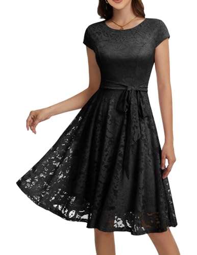 MUADRESS Women Cap-Sleeve Lace Floral Elegant Cocktail Dress Crew Neck Knee Length Bridesmaid Prom Dresses for Party Black 2XL