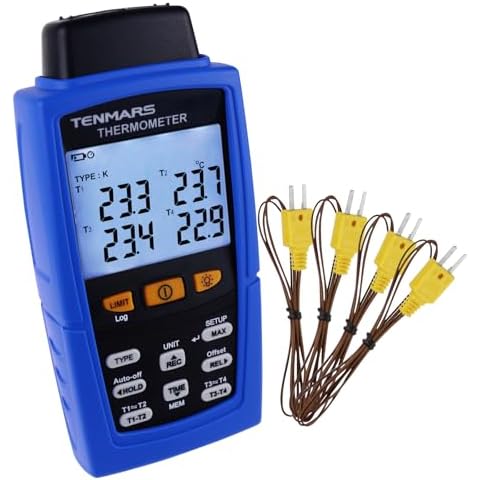 TENMARS Thermocouple Thermometer Data Logger 4 Channels K/J/T/E/R/S/N Type Thermometer Digital Temperature Recorder with Auto/Manual Recording, Sound Alarm, Using CD Software Upload to PC by USB Cable Cover