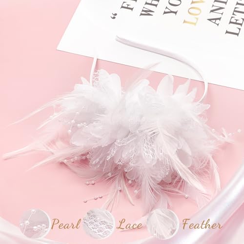 Image of DRESHOW Womens Fascinators Hats Tea Party Hats for Women Pearl Lace Feather Hat Vintage Derby Hats for Wedding Cocktail