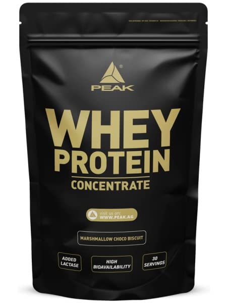 PEAK Whey Protein Concentrat - 900g Geschmack Marshmallow Choco Biscuit I 30 Portionen I Proteinquelle: ultrafiltriertes Molkenprotein I ohne Zuckerzusatz I reich an EAAs I zum Muskelaufbau
