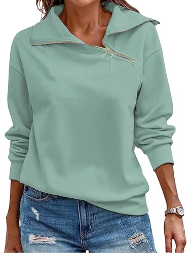 Cuptacc Sweatshirts for Women Jumpers Ladies Tops Long Sleeve Quarter Zip Jumper Stand Up Lapel Collar Thermal Pullover Green, Large L 16-18