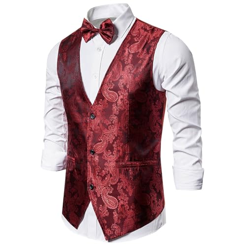 Mens Formal Suit Vest Stylish Jacquard Dress Vest for Tuxedo Blazer Clubwear Evening Party Matching Tops with Bow Tie