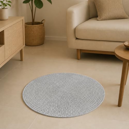 Image of Handmade Cotton Braided 2x2 feet Doormat Rug - Washable, Low Pile Reversible Floor Mat for Bedroom, Kitchen, Entryway & Living Room - Eco-Friendly Woven Carpet - (Light Grey Round, Round)