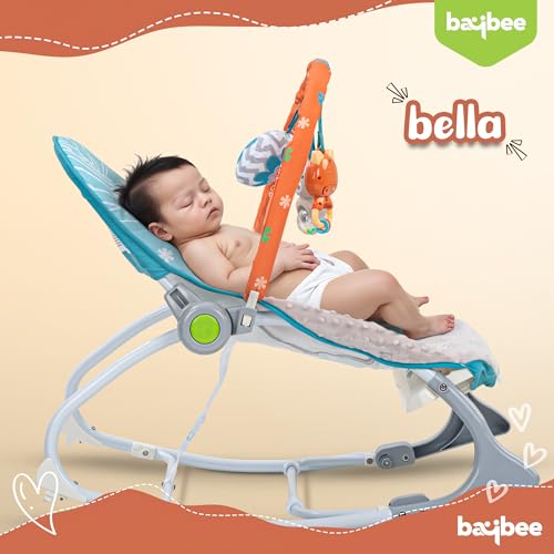 Image of Baybee 5 in 1 Baby Rocker and Feeding Chair for Babies | Portable Rocking Chair for Kids with Parent Handle, Multi Position Recline, Food Tray & Music | Baby Bouncers 0 to 3 Years Boys Girls (Blue & Grey)