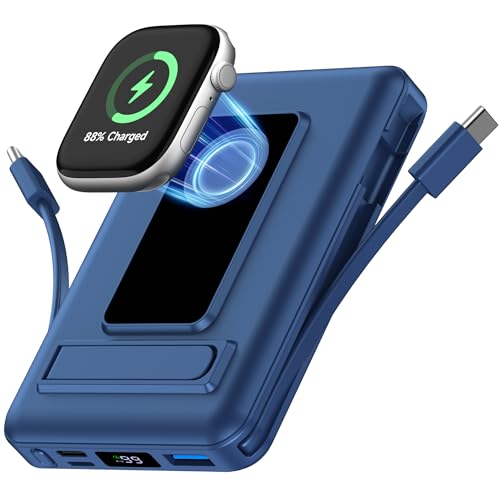 Vexnara para Magsafe Powerbank, 10000mAh Magnético Bateria Externa Carga Rapida, Inalámbrica Bateria Portatil con Cables, Bracket y Pantalla LED para iPhone 17-12 Series et Apple Watch Series(Azul)