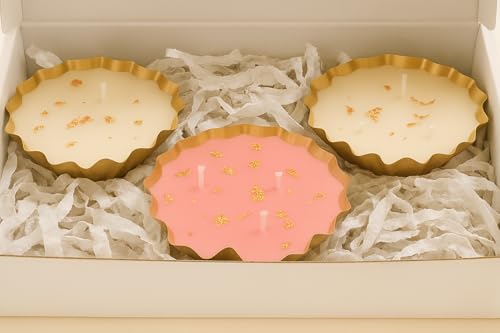 Image of Luxury Pink & White Scented Candle Set - Pack of 3 | Rose, Vanilla, Camphor Aroma | Decorative Urli Candles with Gold Leaf Design | Perfect for Home Decor, Gifting, Functions