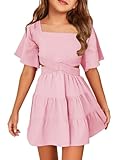 Batermoon Girls Summer Dress Square Neck Short Sleeve Crossover Waist Casual A-line Mini Dress Pink