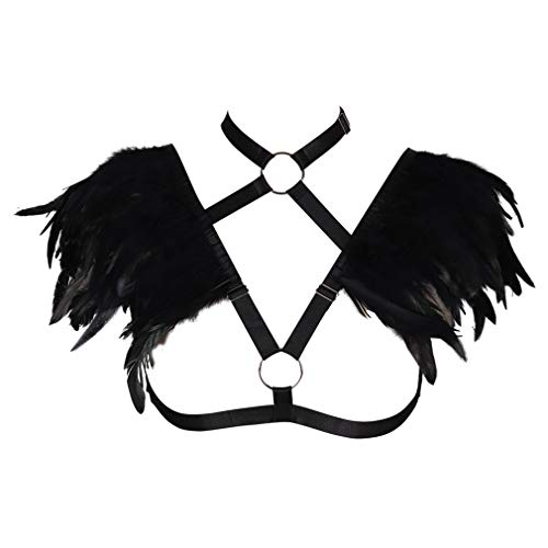 BANSSGOTH Arnés para el Cuerpo para Mujer Sujetador Charreteras de Plumas Jaula de lencería Cinturón gótico Punk Festival Rave Fotografía Danza Burning Man (Schwarz) Cover