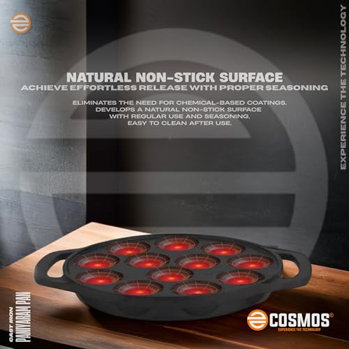 Image of E-COSMOS Pre Seasoned Cast Iron 12 Cavity Appam Patra, Paniyaram Pan Iron, Appam Pan, Pan Cake, Paddu, Appam Maker, Ponganal Maker, Appe and Litti Maker with 2 Side Handle, 25cm, (Black) (12 Cavity)