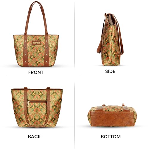 Image of Storite Women's Tote Bag with Leather Handles & Embroidery Printed Handbag with Zip Pockets, Shoulder Tote Bag and Handbag for Office and College