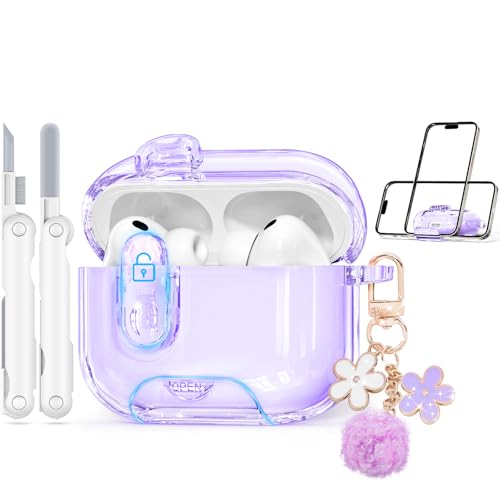 Image of for AirPods Pro 3 Case 2025 with Safety Lock,Clear Purple | Clear Case with Phone Stand & Cleaner Kit,Cute Floral Chain for Women Girls,Soft TPU Protective Cover,Shockproof