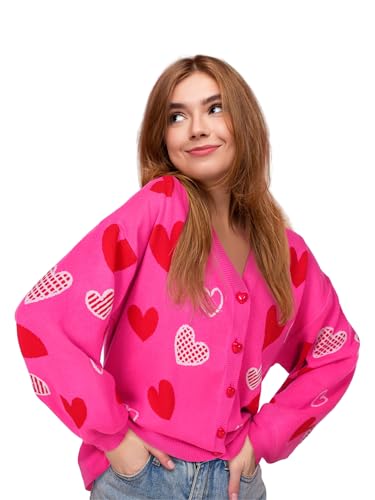 Image of Twistover Valentines Day Heart Cardigan Sweater Sequins Embroidery Hot Pink Heart Sweater Valentines Galentines Women Outfit