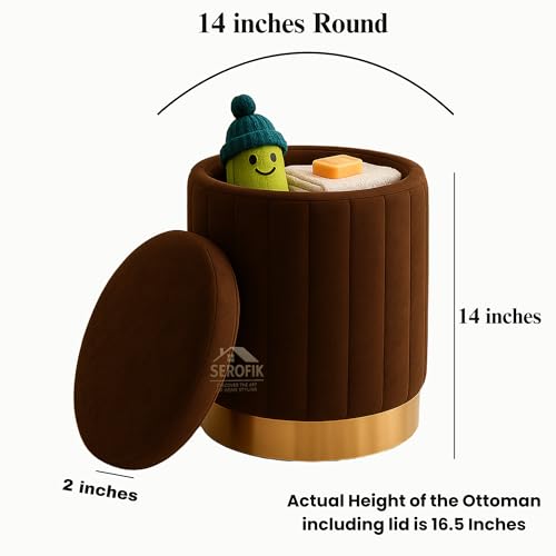 Image of Ottoman Stool with Storage, Round Dutch Velvet Cover Memory Foam Padded 32L Capacity Ottoman Bench Footrest, Pouffe, Office Stool, Makeup Chair, Vanity Chair for Living Room, Bedroom